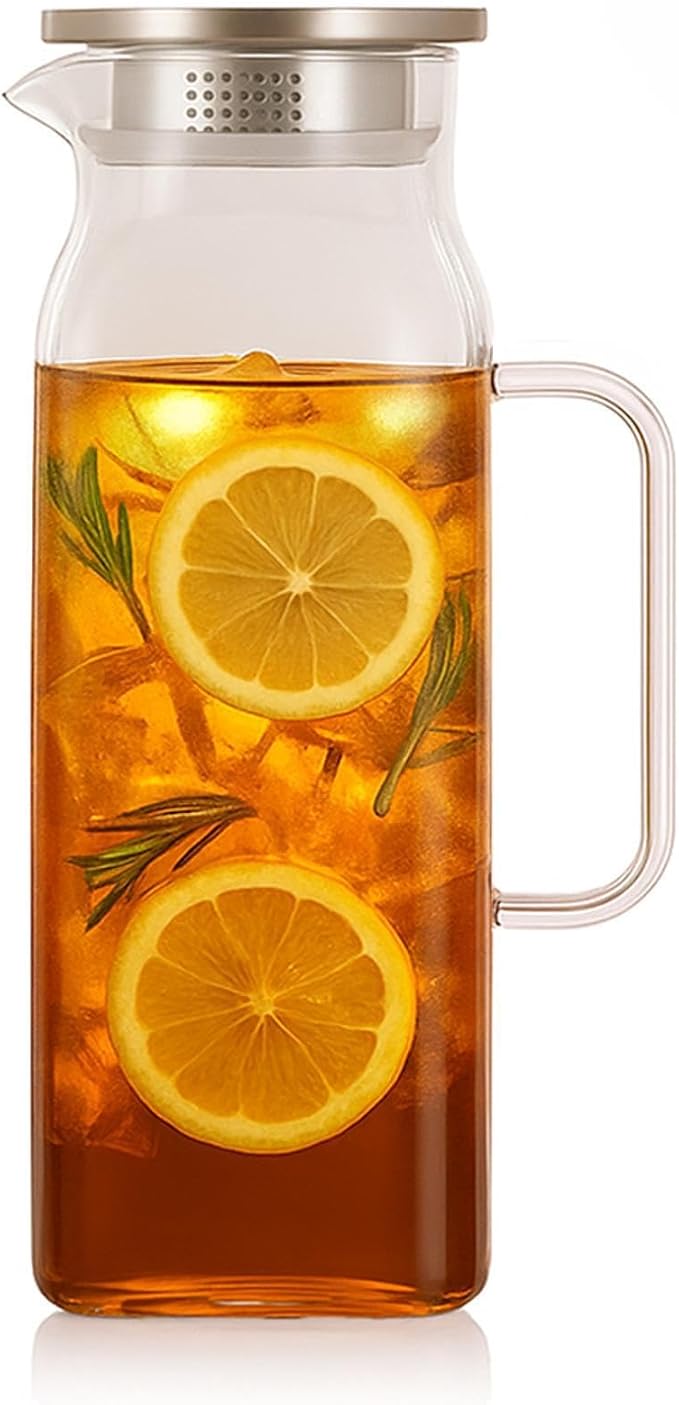 Glass Water Pitcher with Lid and Spout, 2L/68 Ounces Heat Resistant