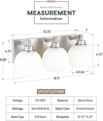 METWET Bathroom Light Fixtures, 3-Light Brushed Nickel Vanity Light, Modern