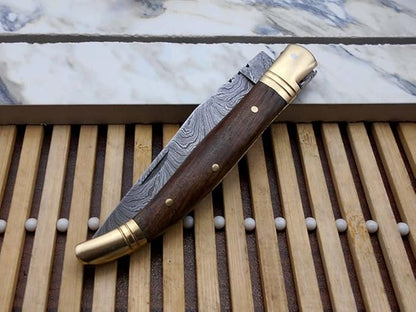 Laguiole Folding Damascus Steel Knife, 8.5" Long with 4" Hand Forged Twist patren Blade. Rose Wood & Brass Bolster Scale. Cow Hide Leather Sheath Included (Brown)