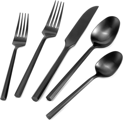 DEACORY Silverware Set Flatware Set Matte Black Cutlery Set Brushed Finished Hexagon Handle Heavy Stainless Steel 60 Pieces Dishwasher Safe Service for 12
