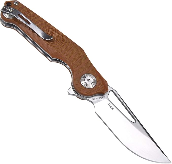 Harnds Time Folding Knife with Sandvik 14C28N Steel Blade Pocket Knife with G10 Handle Camping Knife with Pocket Clip (Brown)