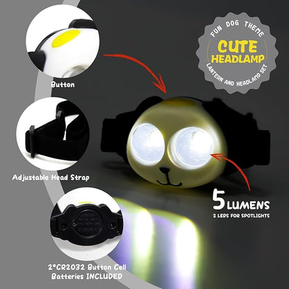 Outdoor Kids Camping Lanterns & Headlamp Set, Battery Powered Night Light, Lightweight LED Equipment, Birthday Christmas Gift (Dog Set)