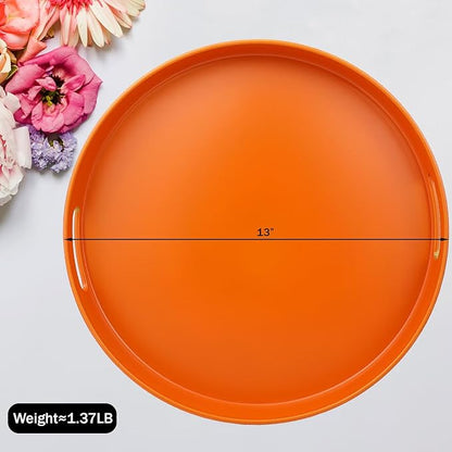 Round Orange Decorative Serving Tray with Handles, 13” Versatile Ottoman Tray for Coffee Table, Entertaining, Outdoor Patio, Living Room