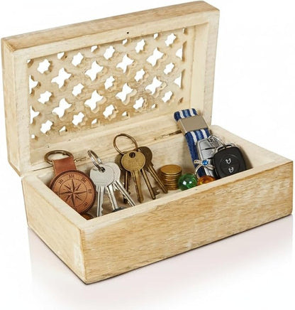 Mela Artisans Wooden Keepsake Box | Whitewash Mango Wood Memory & Photo Storage Box with Hinged Lid | Decorative Storage Box | Medium | 7.5x4.5x3 Inch