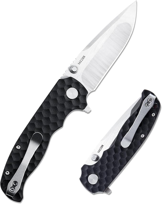 Men's Folding Pocket Knife – 3.4" Sandvik 14C28N Blade G10 Handle Ceramic Bearings Liner Lock Deep Pocket Clip – EDC Knife for Outdoor Hiking Survival Use