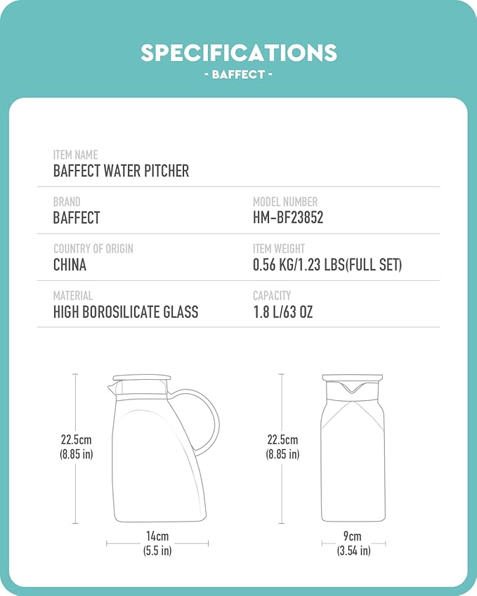 Baffect Water Pitcher, High Borosilicate Glass Jug