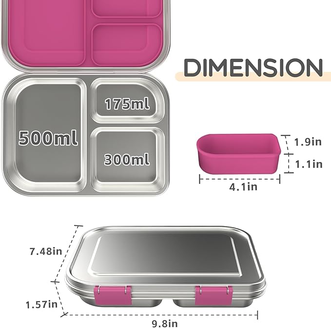 Stainless Steel Kids Leak-Resistant Bento Lunch Box, 3-Compartments with Silicone Container, Dishwasher-Safe, Child-Friendly Design for School, Picnics & Travel,BPA-Free(Pink)
