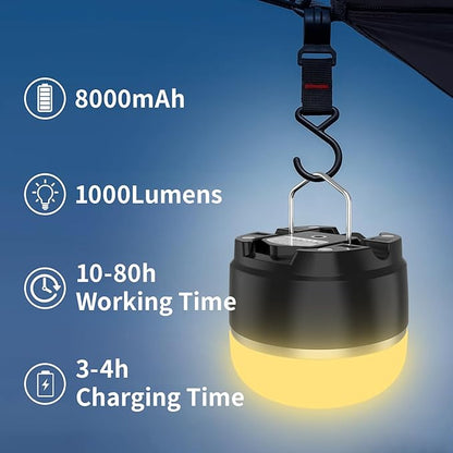 LED Camping Lantern Rechargeable, 1000LM Tent Light with 3 Color Lighting Modes, 8000mAh Power Bank, Waterproof, Mini Flashlight with Magnetic Base for Emergency, Power Outages, Hiking, Home