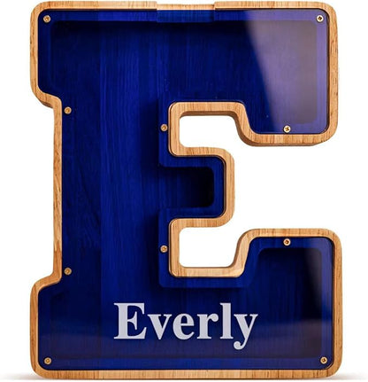 Summidate Customized Name Large Wooden Piggy Bank for Kids Boys Girls Alphabets Letter A-Z Coins Bills Money Change Bank Box Initial on Clear Cover (Laser Engraved) (Alphabet-X, Personalized-9")