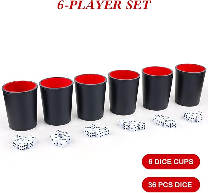 Felt-Lined PU Leather Dice Cup Set, 6 Quiet Dice Shaker Cups with 36 Dices for Bar Party Yahtzee Farkle Dice Games, Red and Black