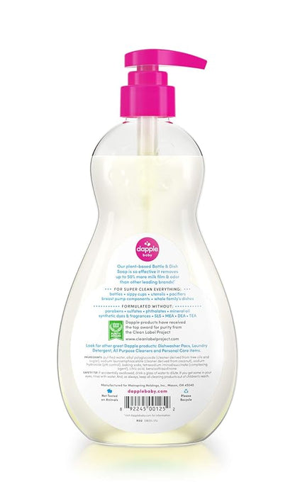 Dapple Baby Dish Bundle Includes Baby Bottle & Dish Liquid, Travel Size 3 Fl Oz and 16.9 Fl Oz Bottle, 2 ct., Fragrance-Free, Powered by Plants, Hypoallergenic