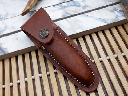 Laguiole Folding Damascus Steel Knife, 8.5" Long with 4" Hand Forged Twist patren Blade. Rose Wood & Brass Bolster Scale. Cow Hide Leather Sheath Included (Brown)