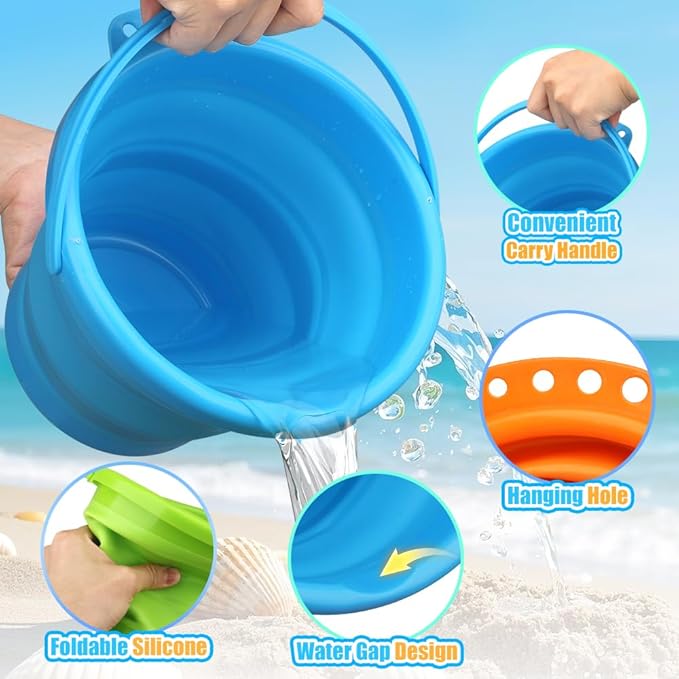 Collapsible Bucket Sandbox Kit Toys for Kids, Foldable Bucket Multi Purpose Sand Pail for Garden Planting Washing Camping Fishing, Beach Essential Travel Toys Summer Activity Fun