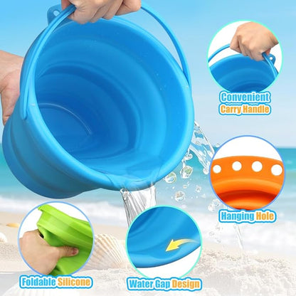 Collapsible Bucket Sandbox Kit Toys for Kids, Foldable Bucket Multi Purpose Sand Pail for Garden Planting Washing Camping Fishing, Beach Essential Travel Toys Summer Activity Fun