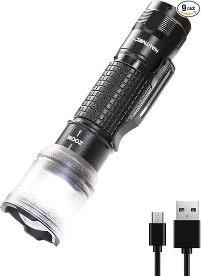 HAUTMEC 700 Lumens Rechargeable Flashlights Waterproof LED Flashlight with Zoomable Beam Bright Tactical Pocket Flashlight Torch with Adjustable 4 Modes for Camping, Outdoor, Hiking, Emergency
