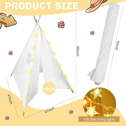 3pcs Teepee Tent with 10FT String Lights for Kids, Canvas Teepee Play Tent, Indoor & Outdoor Playing Tents with for Girls & Boys Party Indoor Outdoor Games (White)