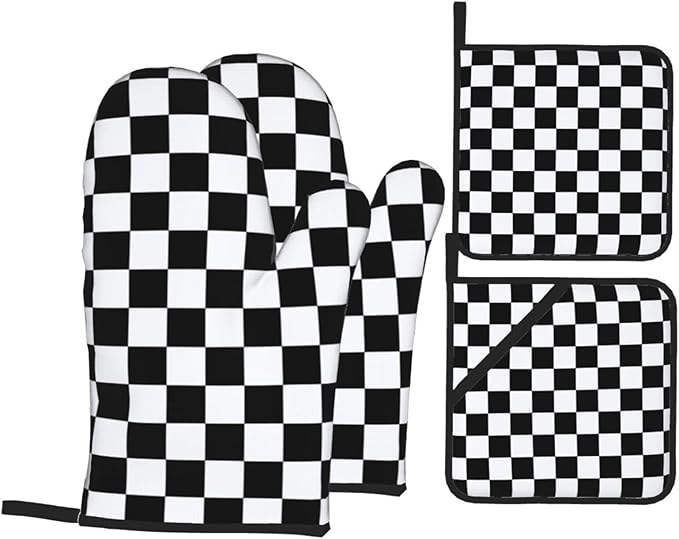 Checkered Black and White Plaid Oven Mitts and Pot Holders Set of 4, Heat