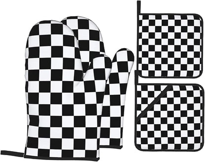 Checkered Black and White Plaid Oven Mitts and Pot Holders Set of 4, Heat