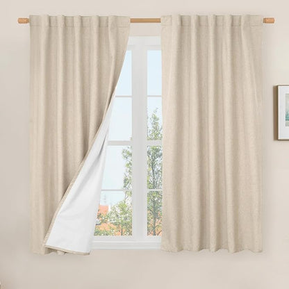LAMIT 100% Blackout Short Linen Curtains 48 Inches Long, Linen Textured Thermal
