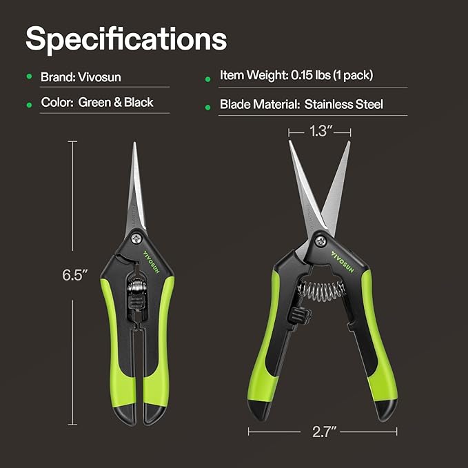 VIVOSUN Gardening Scissors, 6.5 Inch Hand Pruner, Pruning Shear with Straight Stainless Steel Blades, Garden Tools for Women Men, Black and Green