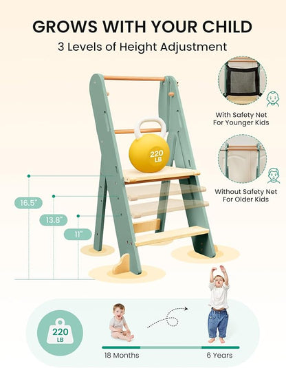GROWNSY Foldable Step Stool Toddler Tower, Toddler Kitchen Stool Helper, Collapsible Kids Standing Learning Tower with 3 Adjustable Heights and Safety Net for Kitchen Bathroom Sink Counter (Green)