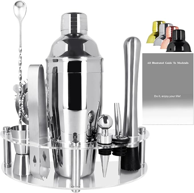 9Pcs/Set Cocktail Shaker Set with Stand, 750ml (25oz) Cocktail Shaker Bartender Kit: Bar Tool Set, Drink Mixing Includes Shakers Strainer Jigger Bar Mixer Spoon Muddler Pourer Bottle Stopper (Silver)