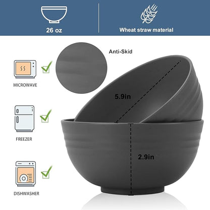 Wheat Straw Bowl Sets for Camping,8 PCS Unbreakable Cereal Bowls 26 OZ,Microwave and Dishwasher Safe Bowls,Kids Bowl suitable for cereal,salad,snack and soup (Deep Grey)