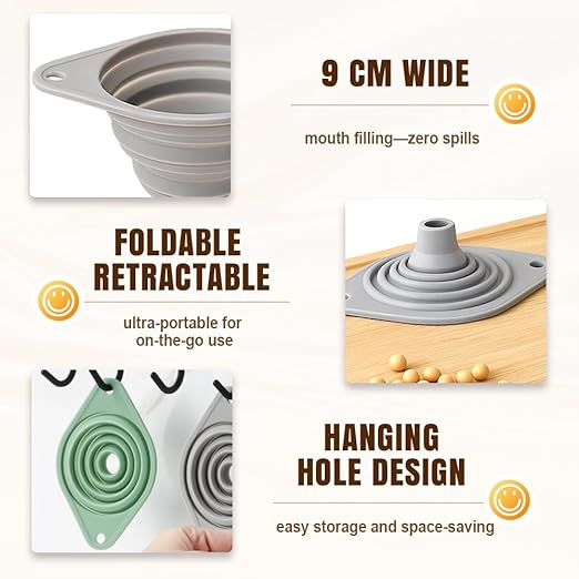 Kitchen Funnel Set 3 Pack, Collapsible Silicone Funnels