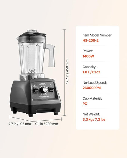VEVOR Blender for Smoothies, 61 oz 1400W, Professional Blender