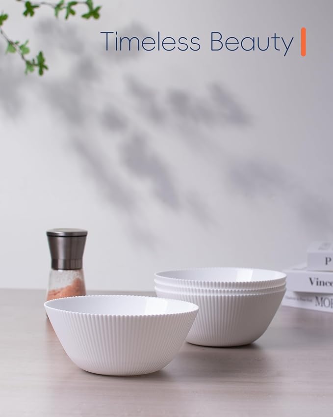 30 OZ Max Cereal Soup Bowl Set of 6, Opal Glass 7.2 inch White Ribbed Bowls for Ramen, Noodle, Salad, Fruit, Dishwasher and Microwave Safe