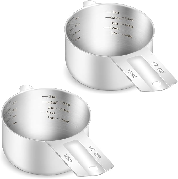 2PCS 1/2Cup Single Measuring Cup, Etched Inner Scale Stainless Steel Measure