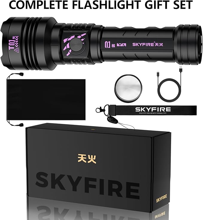 SKYFIRE Rechargeable Flashlights High Lumens: LED Super Bright Flashlight Zoomable with 5 Modes IPX6 Waterproof Handheld Powerful Flash Light for Camping,Emergenciesr,Home&Gifts（with Ignition Lens）