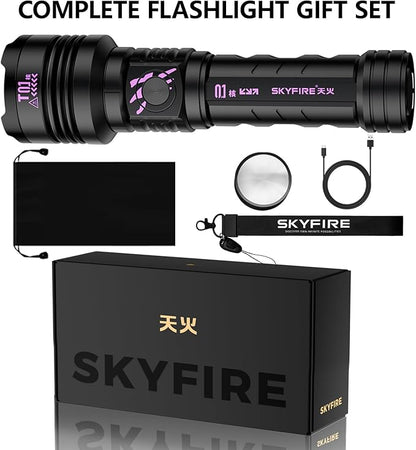 SKYFIRE Rechargeable Flashlights High Lumens: LED Super Bright Flashlight Zoomable with 5 Modes IPX6 Waterproof Handheld Powerful Flash Light for Camping,Emergenciesr,Home&Gifts（with Ignition Lens）