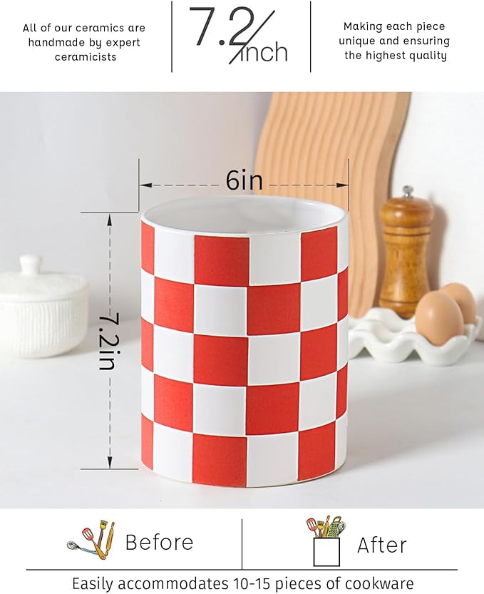 Utensil Holder, 7.2 Inch Checkered Utensil Holder, Ceramic Cooking Utensil