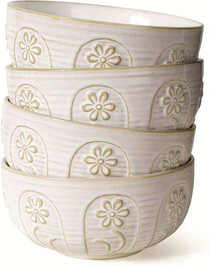 Artena Soup Bowls 32 OZ, Cereal Bowls Set of 4, White Embossment Ceramic Ramen Bowl for Salad, Dinner, Pho, Noodle, Pasta, Snacks, Dishwasher Microwave Safe, 6.3 Inch, Pinwheel Flower