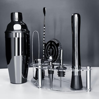 Cocktail Shaker Set with Stand, Cocktail Shaker Bartender Kit: Bar Tool Set, Drink Mixing Includes Martini Shaker,Strainer,Jigger,Bar Mixer Spoon,Muddler, Pourer, Bottle Stopper (Black)