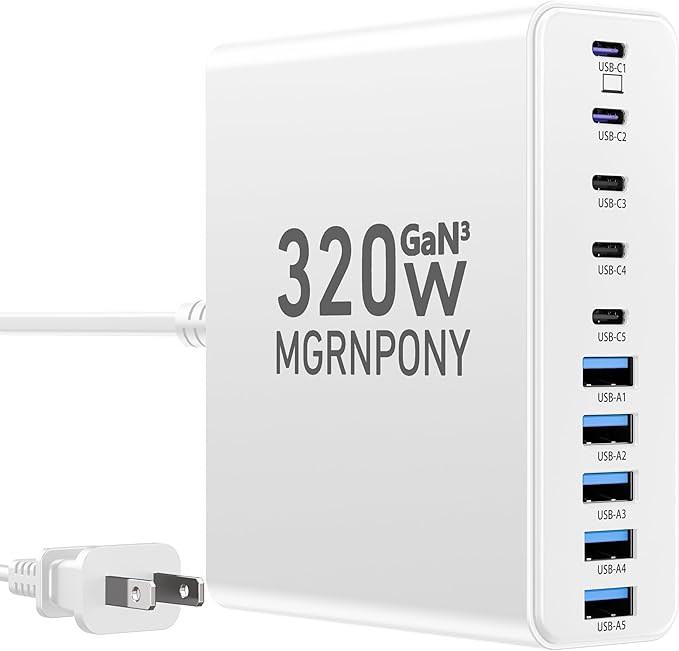 320W USB C Charger Block, 10-Port USB C Charging Station GaN III PD 65W Laptop
