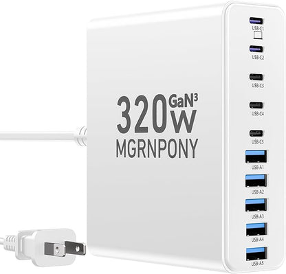 320W USB C Charger Block, 10-Port USB C Charging Station GaN III PD 65W Laptop