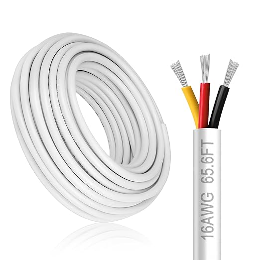 16 Gauge 3 Conductor Electrical Wire, 65.6FT White Stranded Low Voltage 16/3