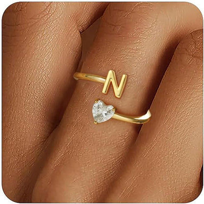 Gold Initial Rings for Women Girls - 18K Gold Plated Adjustable Letter A-Z Initial Ring Dainty Heart Zirconia Rings for Women Teen Girl Gifts