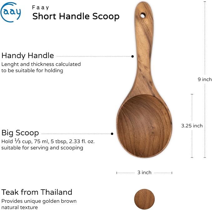 FAAY Short Handle Ladle, Eco Friendly Wooden Kitchen Tool, Hand Carved Unique