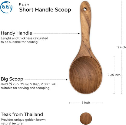 FAAY Short Handle Ladle, Eco Friendly Wooden Kitchen Tool, Hand Carved Unique