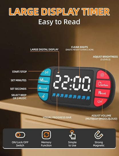 DOOMAY Digital Kitchen Visual Timer: 3.6'' Large LED Display, 3 Brightness