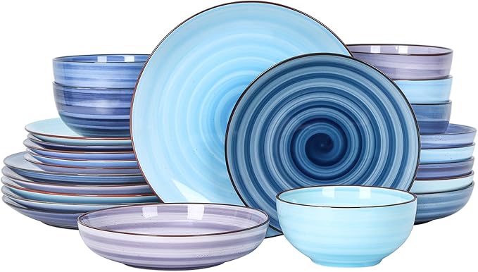 Selamica Ceramic Plates and Bowls Set, 24 Pieces Dinnerware Sets for 6, Scratch Resistant Dishes Set, Handpainted Swirl with Spot Dishwasher & Microwave Safe, Gradient Blue