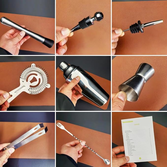 9Pcs/Set Cocktail Shaker Set with Stand, 750ml (25oz) Cocktail Shaker Bartender Kit: Bar Tool Set, Drink Mixing Includes Shakers Strainer Jigger Bar Mixer Spoon Muddler Pourer Bottle Stopper (Silver)
