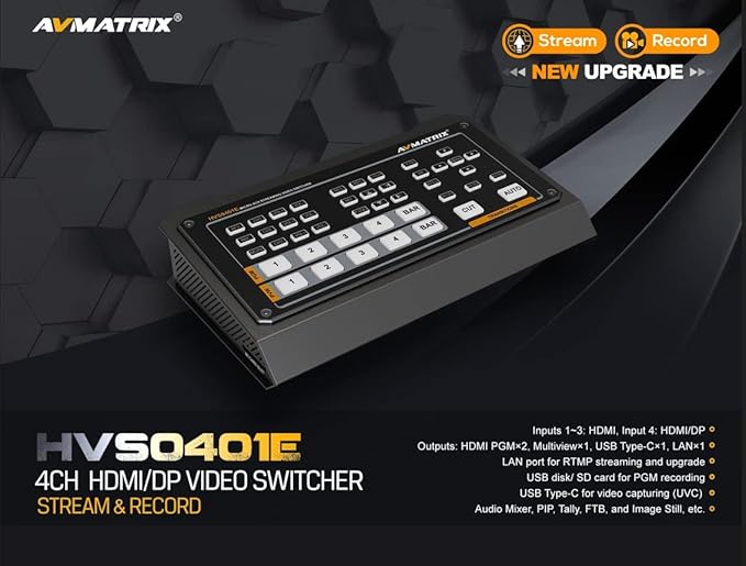 AVMATRIX HVS0401E Video Switcher Mixer 4 Channel SDI HDMI Inputs 2 Channel PGM