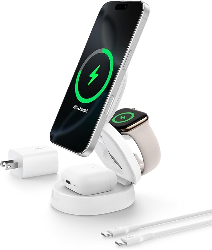 Belkin MagSafe Charger Compatible, 3-in-1 Qi2 15W Wireless Charging Station