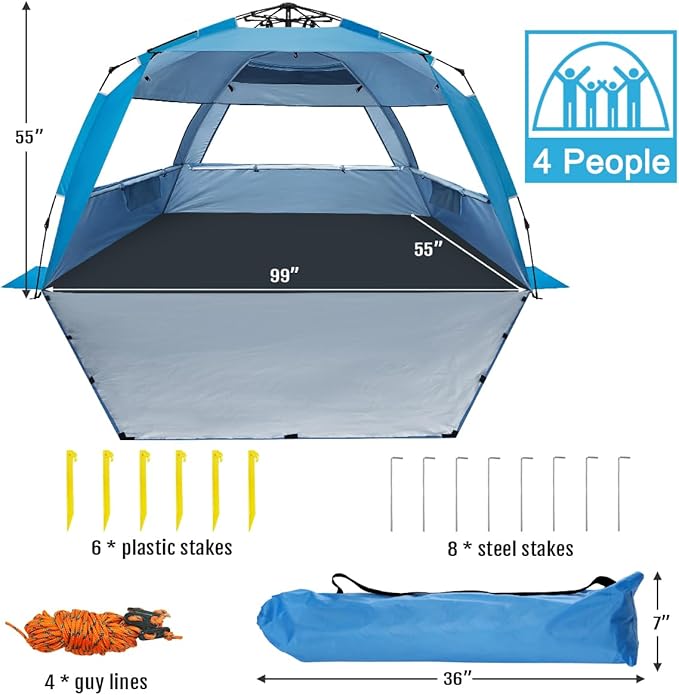 WhiteFang Deluxe Pop Up Beach Tent Sun Shade Shelter for 3-4/5-6 Person, UV Protection, Extendable Floor with 3 Ventilating Windows Plus Carrying Bag, Stakes, and Guy Lines