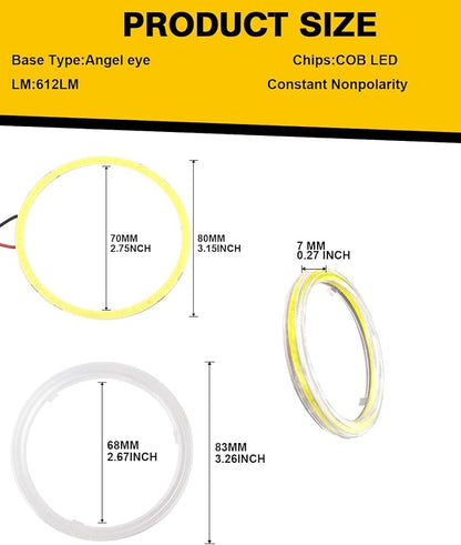 Qasim 2 Pcs White 80MM Car Angel Eyes Halo Rings COB Light Circle Ring LED Fog Light Bulbs DRL Lamp with Plastic Cover 12V 24V