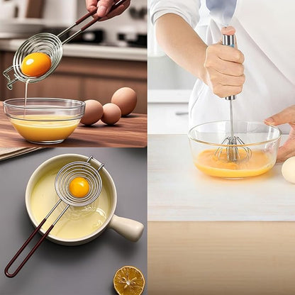 Semi Automatic Whisk & Egg Yolk Separator, Stainless Steel Mini Hand Push Whisk